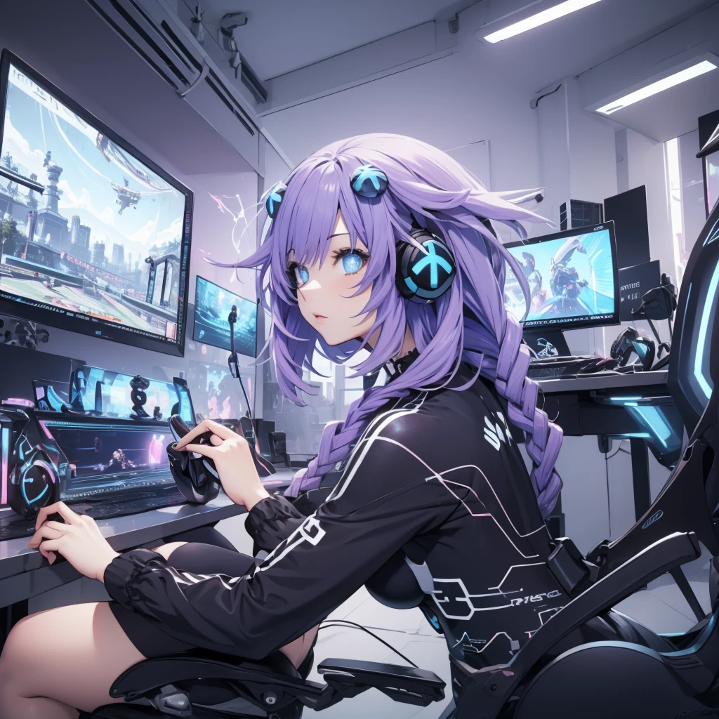 Beautiful girl playing video games with headphones in a bright room from the side, It only has one screen in front, Close plane of the head from the side