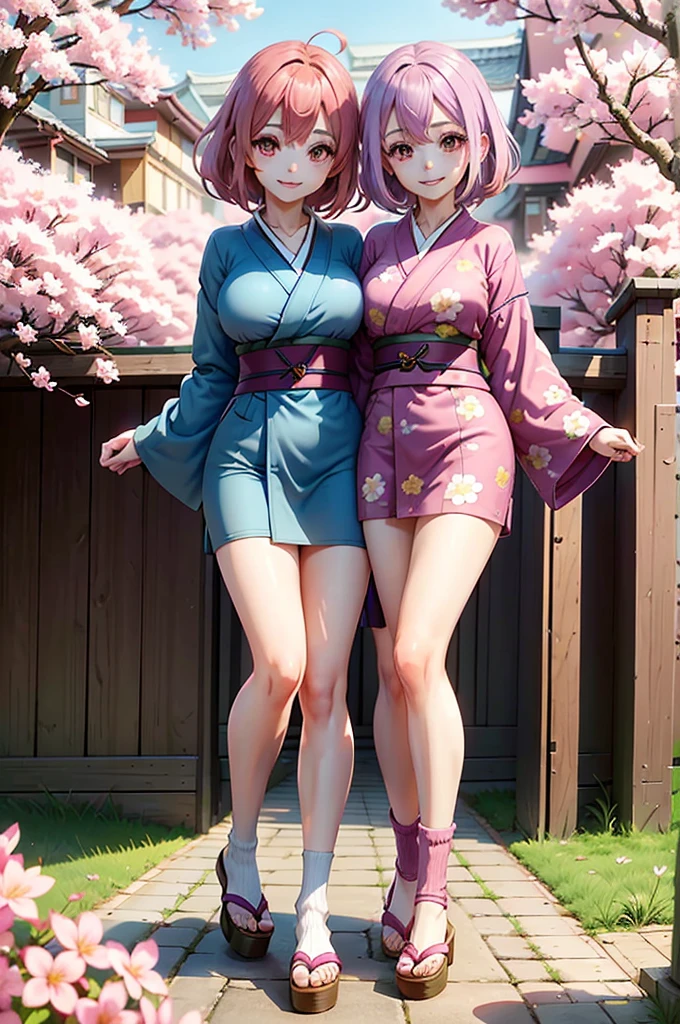 one smiling girl, (conjoined: 1.2), (two headed: 1.2), pink hair, purple hair, wearing blue kimono with pink flower patterns, standing under cherry blossoms
