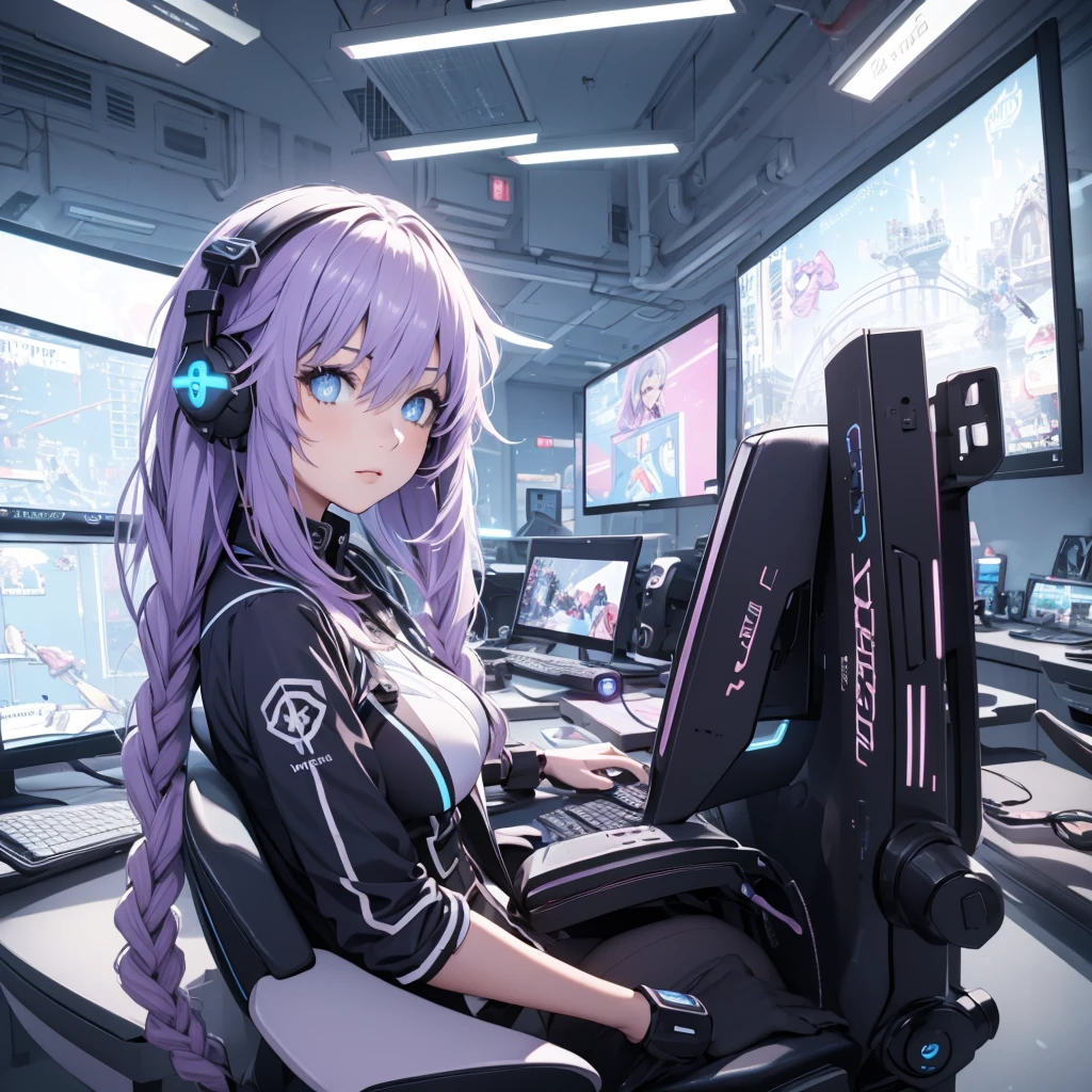 Beautiful girl playing video games with headphones in a bright room from the side, It only has one screen in front, Close plane of the head from the side