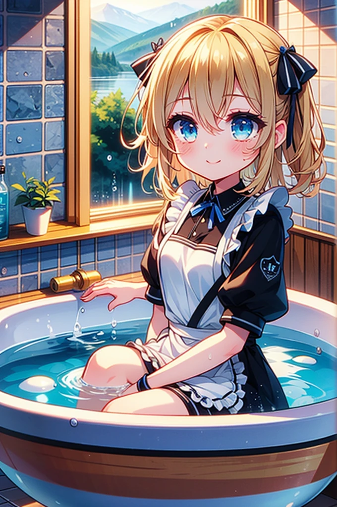 (4K,  super high quality, masterpiece:1.2),  Ultra High Definition , One person,  girl, cute, Blonde, Blue Eyes, Small breasts,  maid clothes,  black dress,  White Apron ,  white and black apron dress ,  Katyusha,  Blue Ribbon , Bathroom, Bathtub, Taking a bath, My clothes are still ,  soaked in water up to my chest, Submersion, Water droplets all over the body, soaked,  like a , Bright smile, 