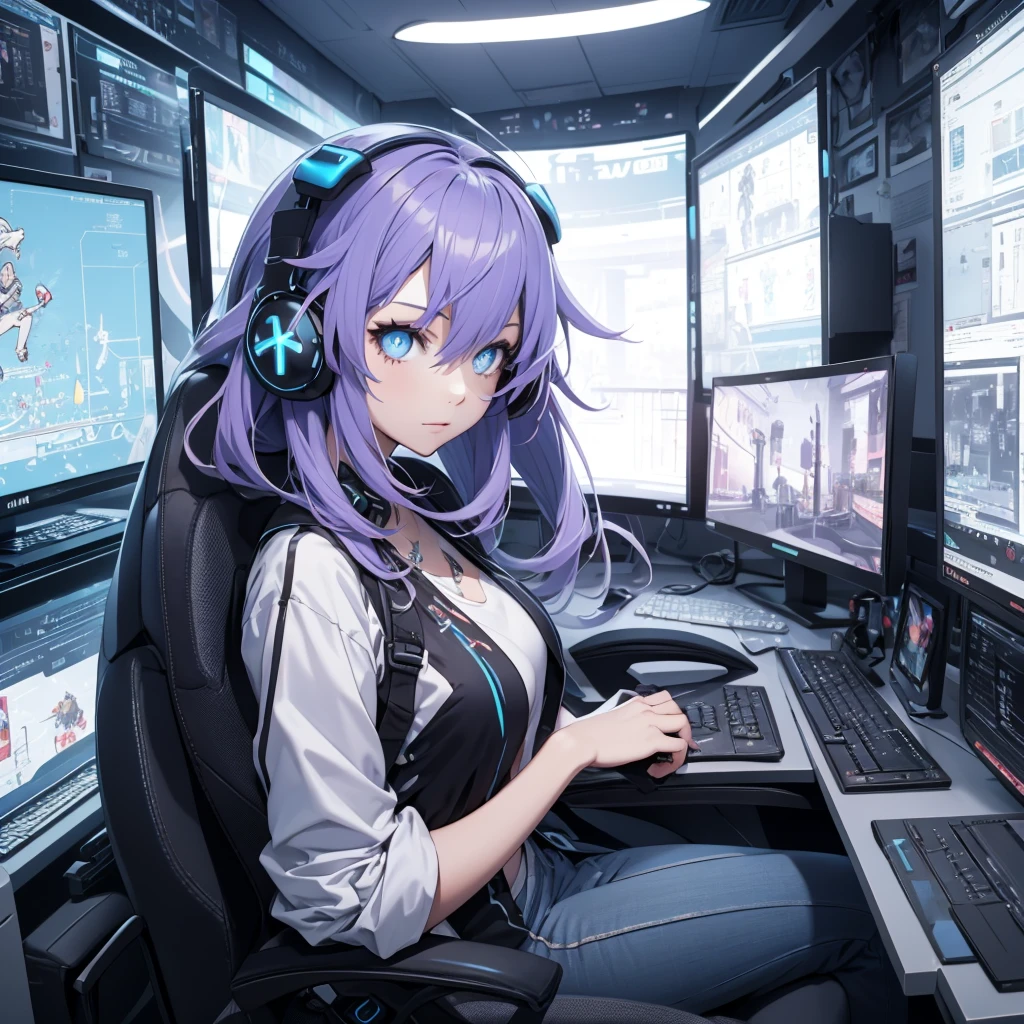 Beautiful girl playing video games with headphones in a bright room from the side, It only has one screen in front, Close plane of the head from the side