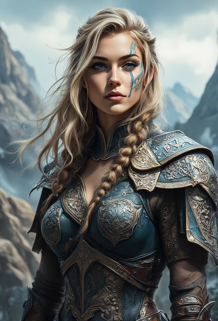 An extremely detailed close-up portrait of a fierce Viking warrior woman standing with her side turned, against a rugged Nordic landscape. She has a strong, intense gaze with striking blue eyes, framed by intricate tribal war paint on her face. Her blonde hair is styled in multiple complex braids with small metal rings and beads woven throughout, adding a rugged, battle-ready look. Her armor is dark leather and metal, heavily adorned with intricate Norse engravings and elaborate patterns. The shoulder plates and forearm guards are more detailed with carvings of wolves, ravens, and intricate knotwork, showcasing Norse mythology. The background features mist-covered mountains and a cloudy sky, enhancing the mystical, fantasy atmosphere. The lighting highlights the realistic depth of the metallic accents and textures on her armor. The overall color palette is earthy and metallic, capturing the cold, raw essence of Viking lore with extreme detail in her armor and hair.