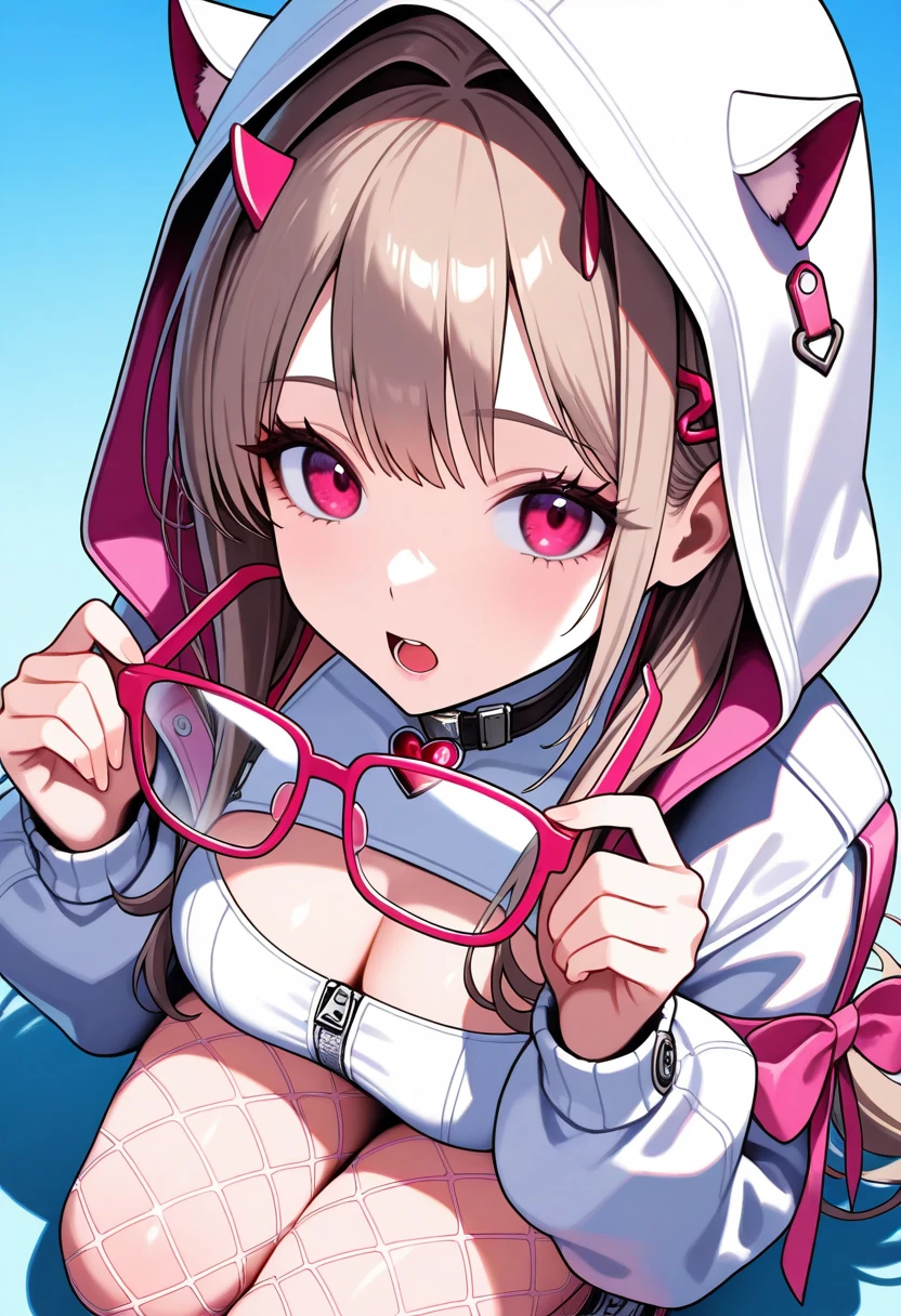 1girl, solo, viper ,/(nikke/),long hair, ribbon, glasses, holding glasses, open mouth,white jacket,hood up, yellow fishnet, wett hair,squatting, breast, clavage, eyelashes, from above, (angry:0.4)