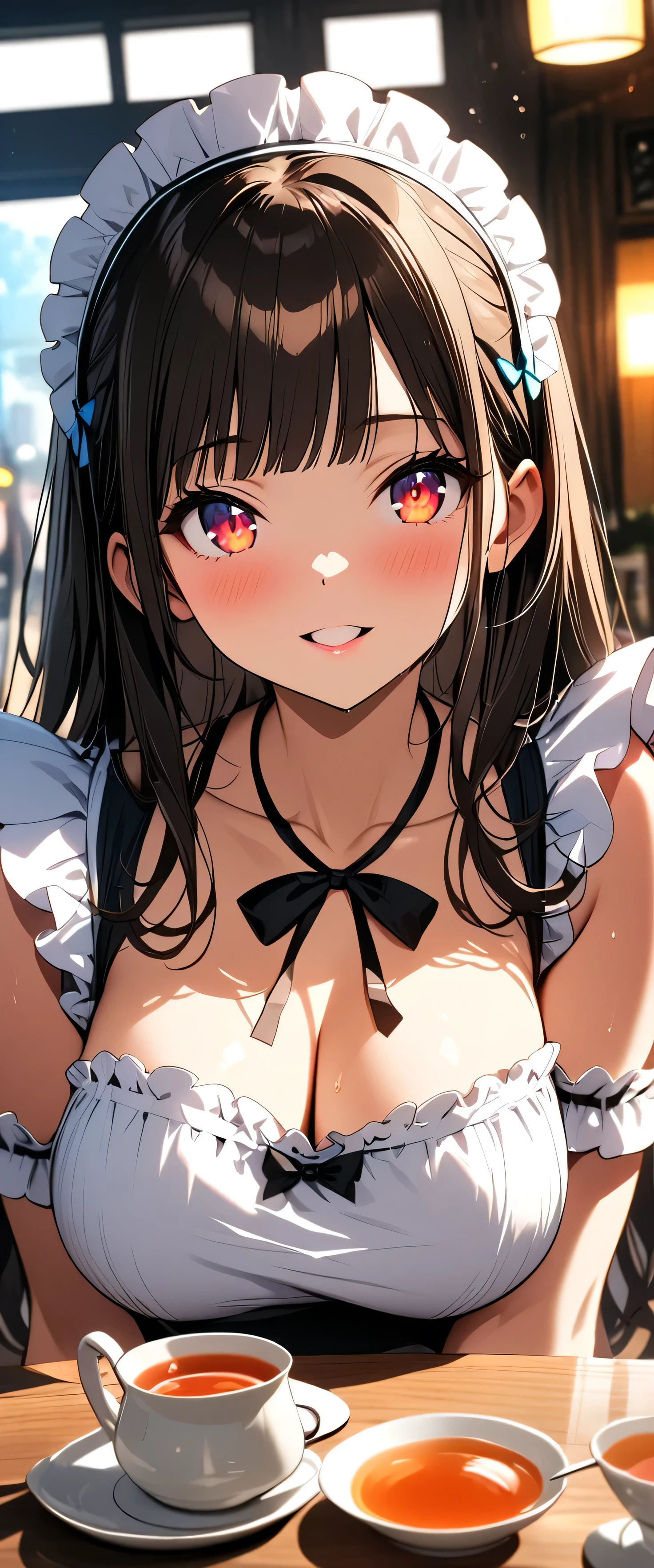 (beautiful girl:1.3),1girl,masterpiece,Highest quality,Ultra-high resolution,rich contrast,super high quality,8k,Highly detailed CG unit wallpaper,texture,Incredibly absurd,Ultra-high resolution,Highest quality anime,professional photograph,an extremely delicate and beautiful,RAW Photos,Depth of Field 1.2,ultra-detailed eyes,Glowing Skin,Beautiful glossy lips,Glitter effect,(Brown Hair, long hair),bashou \(Senran Kagura\),Maid Cafe,Maid uniform,happy,(Brewing tea)