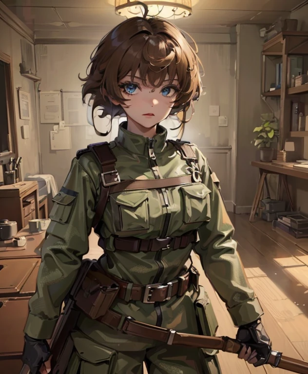 
masterpiece, best quality, (Highly detailed CG integrated 8k wallpaper), (best quality), (best illustration), (best shadow), (stable diffusion model), beautiful, cellar, dynamic lighting, depth of field, camouflage combat uniform, brown short hair, black eye, brown skin, 
