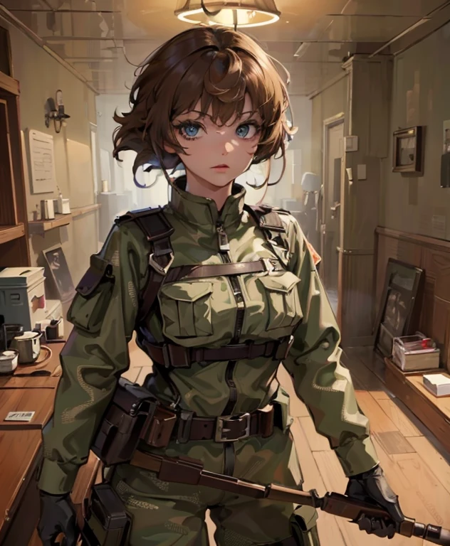 
masterpiece, best quality, (Highly detailed CG integrated 8k wallpaper), (best quality), (best illustration), (best shadow), (stable diffusion model), beautiful, cellar, dynamic lighting, depth of field, camouflage combat uniform, brown short hair, black eye, brown skin, 
