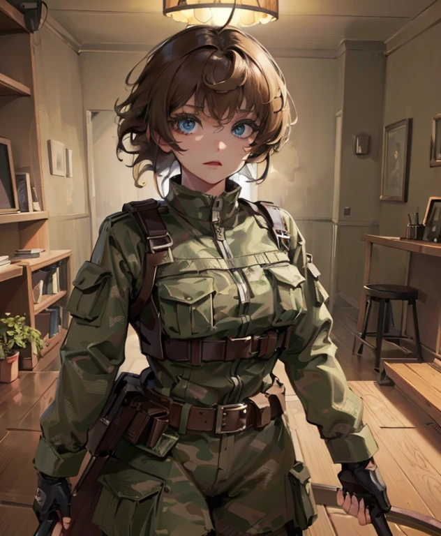 
masterpiece, best quality, (Highly detailed CG integrated 8k wallpaper), (best quality), (best illustration), (best shadow), (stable diffusion model), beautiful, cellar, dynamic lighting, depth of field, camouflage combat uniform, brown short hair, black eye, brown skin, 
