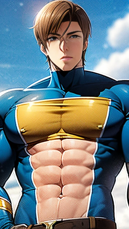 handsome man, short brown hair, brown eyes, black superhero outfit, mental powers, white details, high quality