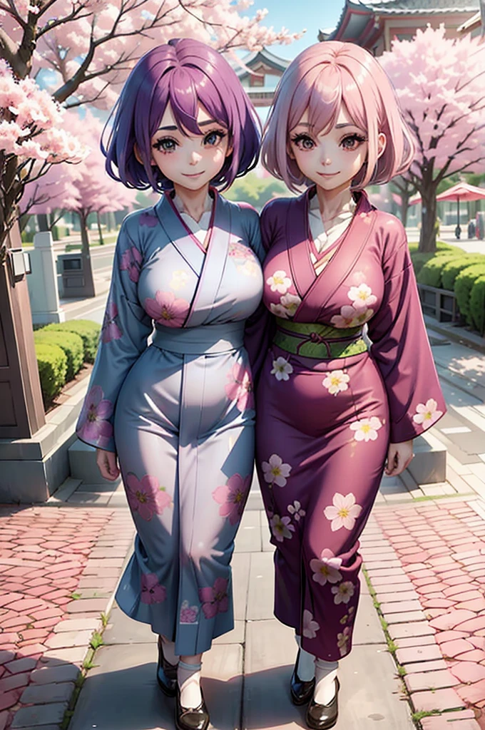 one smiling girl, (conjoined: 1.2), (two headed: 1.2), pink hair, purple hair, wearing blue kimono with pink flower patterns, standing under cherry blossoms
