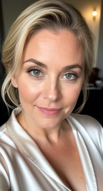 Selfie shot of mature, sexy blonde milf,  curves, chubby, cute face,, 45yo, women in wearing wearing silk pajamas ,(cinematic:1.3), intricate details, (ArtStation:1.2),detailed face, 4k, UHD,beautiful eyes, realistic skin texture,hairs tied up