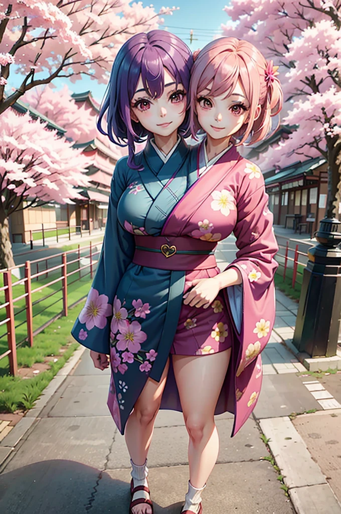 one smiling girl, (conjoined: 1.2), (two headed: 1.2), pink hair, purple hair, wearing blue kimono with pink flower patterns, standing under cherry blossoms
