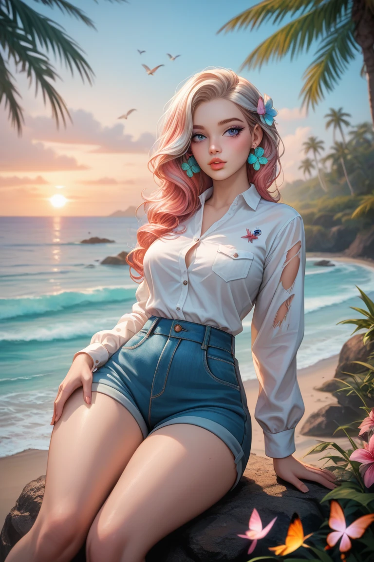 Create an ultra-high resolution image with photorealistic details, 8K quality, sharp focus, and impeccable lighting. Utilize advanced rendering techniques, ray tracing, and global illumination for maximum realism. Depict a beautiful woman with petite, natural, soft curves, graceful, rounded hips, and small, gentle breasts. She has very long, flowing ginger hair that complements her pale skin with a cool undertone. Her features include striking emerald eyes, warm terracotta lips, earthy taupe eyeshadow, and a touch of muted peach blush. She gazes with a curious yet cautious expression, reflecting her thoughtful and introspective nature. A light-colored Anemone flower is tucked in her hair, and she wears small emerald earrings.

She’s dressed in a loose, white button-down shirt that appears torn and weathered, paired with khaki shorts that share the same rugged texture. She’s barefoot, sitting cross-legged with one hand resting gently on her knee.

The setting is a deserted tropical island, framed by tall palm trees and a peaceful, foggy beach at dusk. Birds fly across the dimming sky, butterflies flutter in the background, and shells and starfish are scattered on the sand. Soft, warm sunset light creates a romantic ambiance, with subtle reflections off the water and a foggy background that adds depth. Diffused light highlights her gentle, feminine curves, capturing her allure in a natural and unassuming way. Camera focus on her upper body, with a 35mm lens, bokeh effect, and Depth of Field.

