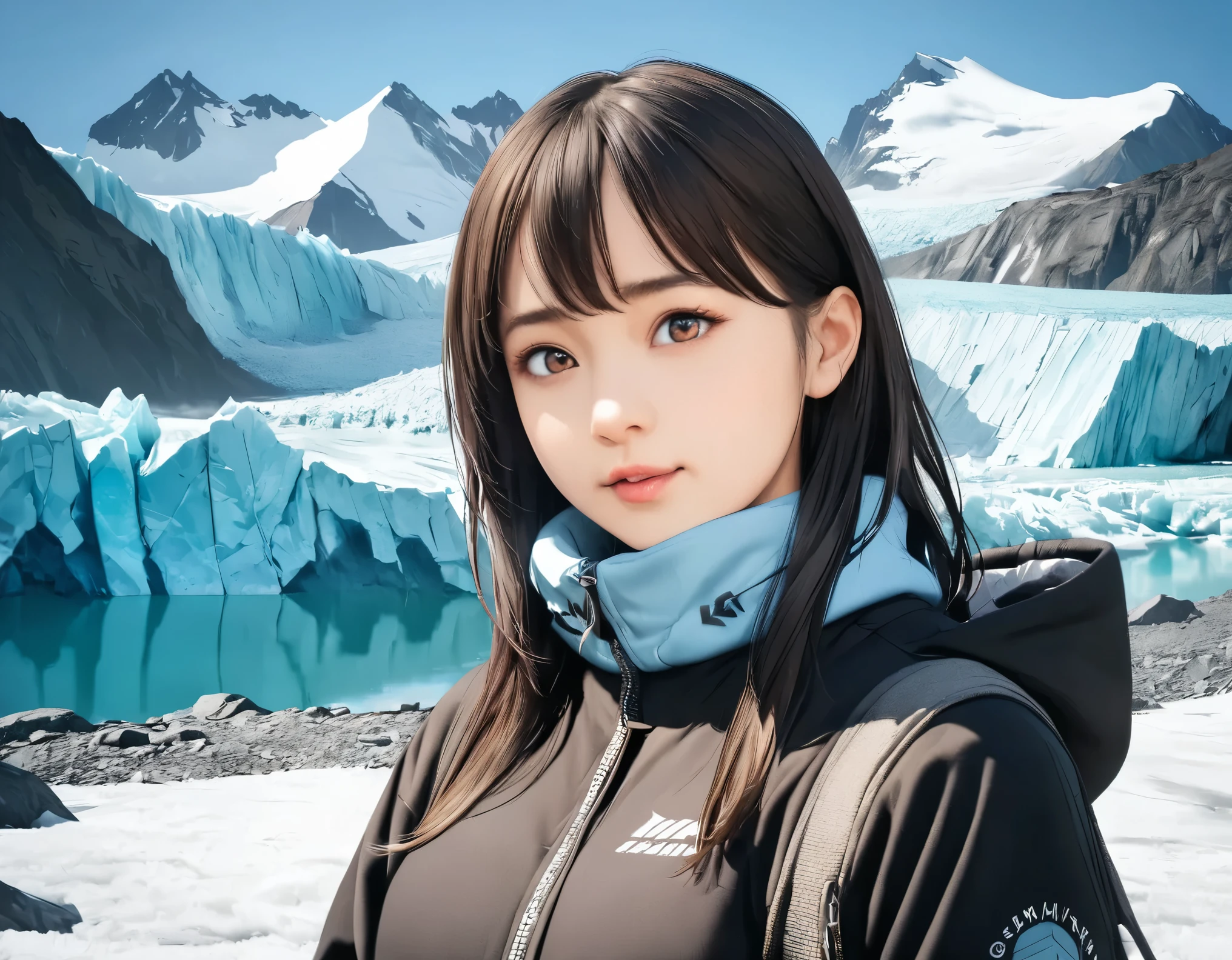 (best quality, 8k, high resolution:1.2), 1girl, glacier, upper body