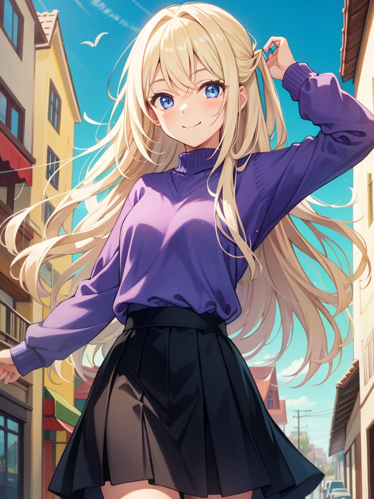 Best Quality,   Anatomically Accurate, masterpiece,   1 girl, Alone, blonde, Long Hair,   straight hair ,  Sky Blue Eyes ,Droopy eyes,  medium chest,purple v neck sweater , white high waisted skirt ,  long skirt,  close your mouth,happiness/joy,   seductive smile , Mischievous,  looking at camera, is standing,  fold your hands on your back ,  simple background  , Around town