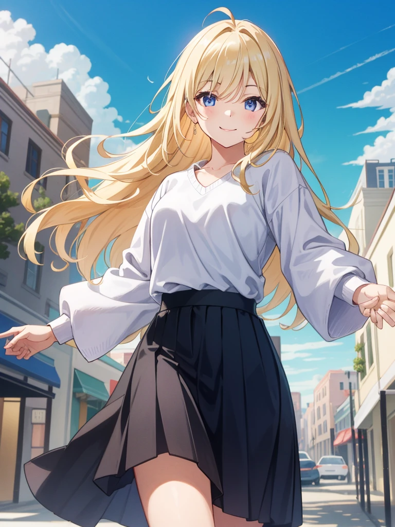 Best Quality,   Anatomically Accurate, masterpiece,   1 girl, Alone, blonde, Long Hair,   straight hair ,  Sky Blue Eyes ,Droopy eyes,  medium chest,purple v neck sweater , white high waisted skirt ,  long skirt,  close your mouth,happiness/joy,   seductive smile , Mischievous,  looking at camera, is standing,  fold your hands on your back ,  simple background  , Around town