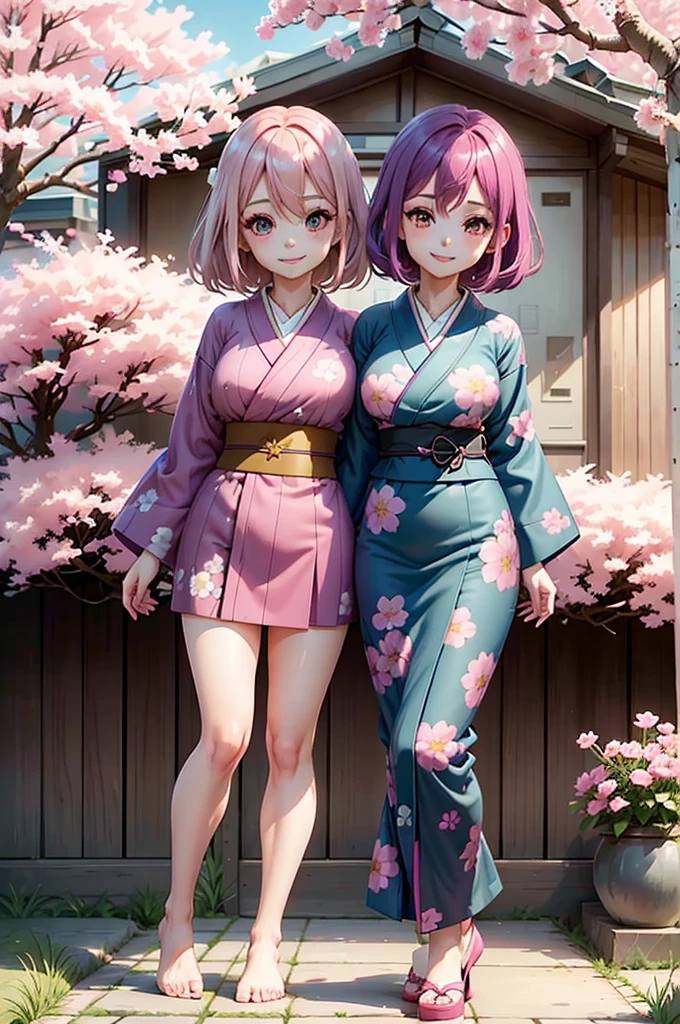 one smiling girl, (conjoined: 1.2), (two headed: 1.2), pink hair, purple hair, wearing blue kimono with pink flower patterns, standing under cherry blossoms
