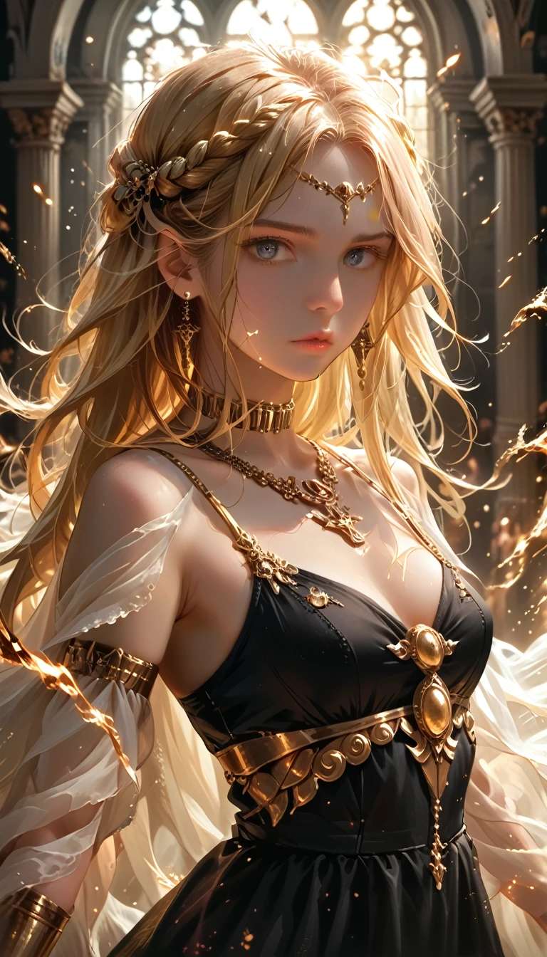 detailed portrait of a beautiful young woman, greek goddess pandora, long blonde hair, cute, greek mythology, dark night, black elegant dress, detailed facial features, realistic, photorealistic, ultra-detailed, 8k, best quality, masterpiece, dark color palette, intricate ornate jewelry, dramatic pose, ethereal atmosphere, clothed in an aura of darkness
