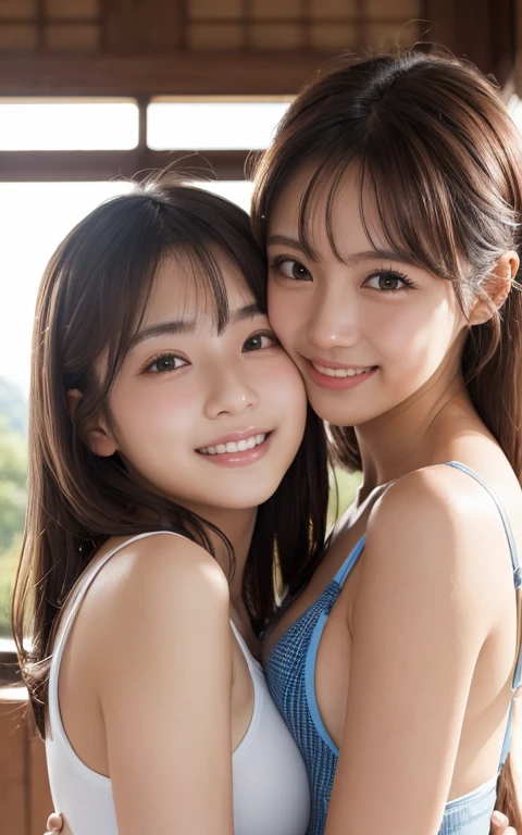 (masutepiece), (Best Quality), (ultra-detailliert), (best realistic), (Photoreal: 1.6), Real Human Skin, Depth of Field Coverage, natural soft light, Hard Focus, Film grain, Audience-focused, the beach, Two cute girls of Nogizaka 46, Sports Bra、Buruma、((Hugging and kissing))、((Full body portrait)), thighs thighs thighs thighs, gravure, Fair skin, Soft lips, (Thin eyebrows: 1.4), shiny soft brown eyes, Straight black hair, Beautiful and detailed eyes, Happiness, Smile,