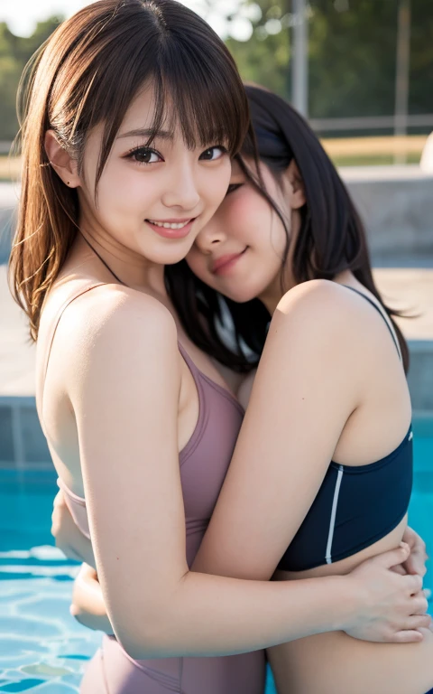 2 girls taking shower in sunny school poolside,wet sailor shirt,white micro bikini bottom,18-year-old,bangs,a little smile,thighs,knees,wet short hair with low pigtails bunches,from beside,front light