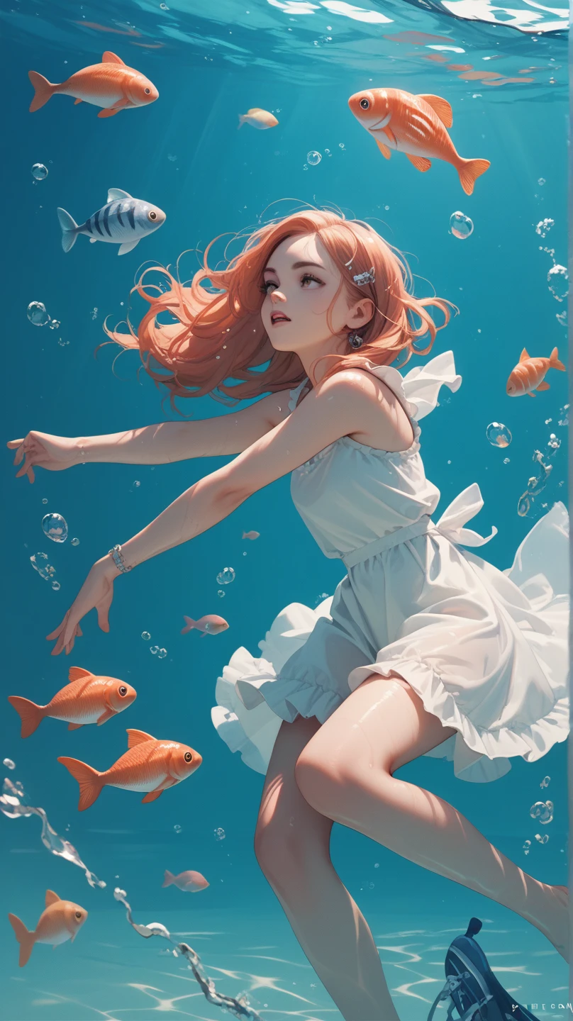 A girl in the water, red hair fluttering, sad, open mouth, upper body white dress, like clothes, green sandals, bubbles in the water, all kinds of fish, water wave light and shadow, soft light, background underwater, HD, Disney style, perfect fingers and toes,