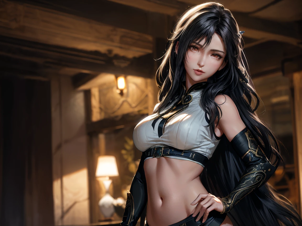 ( by Tifa Lockhart from final fantasy ) masterpiece,  high quality, ( pale skin), ( ultra-detailed face and eyes:1.3),      
 1 girl, ((eye makeup, mascara)), (( large detailed lips )), ((Dark wavy hair)), ((( natural breasts))). ((posing)), photoshoot,  
 (soft) lighting, (Play of light and shadow), ((( flat stomach))),  depth of field , hips, ( special attention to skin details : 1.2),  with detailed skin texture , skin pores, (warm frame atmosphere . color range - black, yellow, white tones), DR, (( film noise)), rays, (glare), extremely detailed