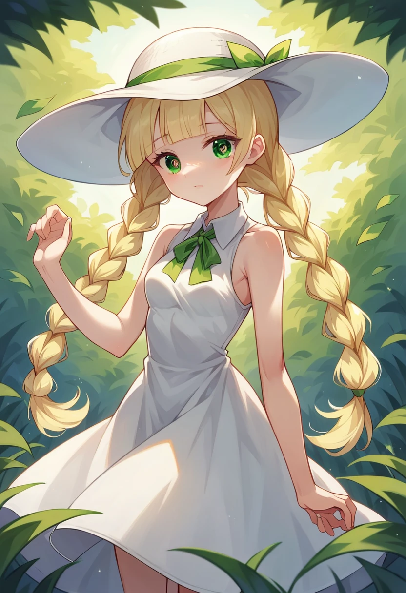 pokemonlilie, pokemonlilie, blonde hair, blunt bangs, (green eyes:1.5), long hair, (small breasts:1.2), BREAK braid, collared dress, dress, hat, sleeveless, sleeveless dress, sun hat, sundress, twin braids, white dress, white headwear, BREAK looking at viewer, upper body, full body, (cowboy shot:1.5), BREAK outdoors, nature, sky, BREAK (masterpiece:1.2), best quality, high resolution, unity 8k wallpaper, (illustration:0.8), (beautiful detailed eyes:1.6), extremely detailed face, perfect lighting, extremely detailed CG, (perfect hands, perfect anatomy)