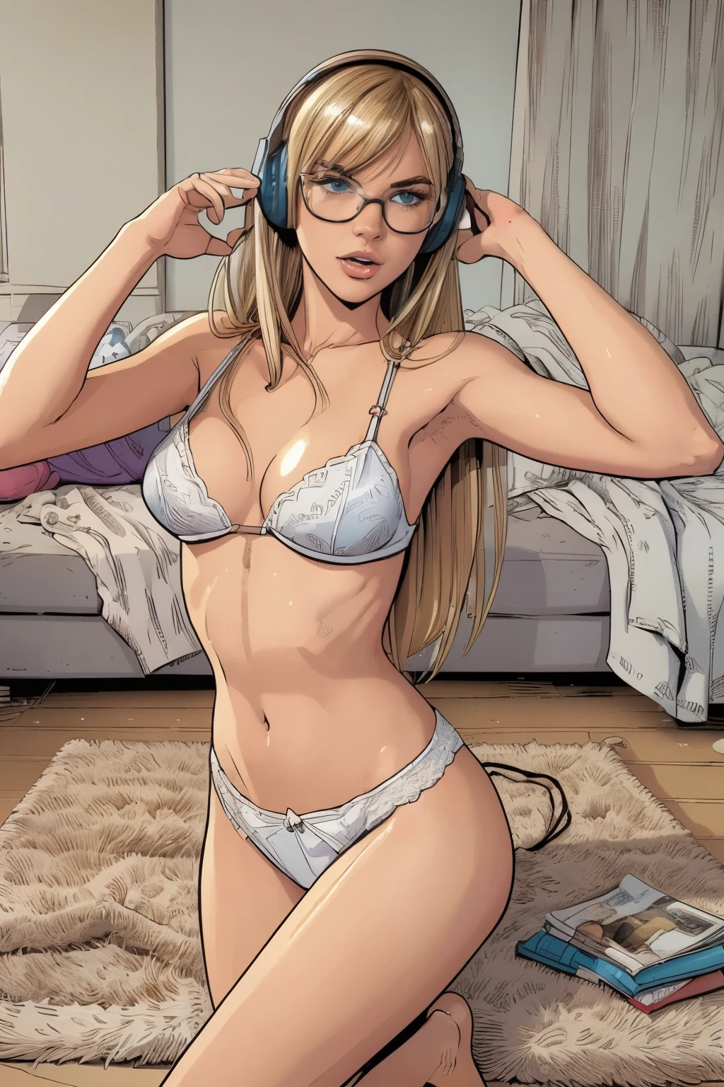 absurd quality.   natural lighting . hyperrealism.   fantastic comic book style illustration . 1 skinny girl, blonde hair with bangs ,   degree glasses  , headphones,  coming out of the shower , juvenile white lingerie  .  Lying on a carpet reading a comic. In a Young Woman's Room  . lush. carefree. depraved. With attitude  . slutty face.