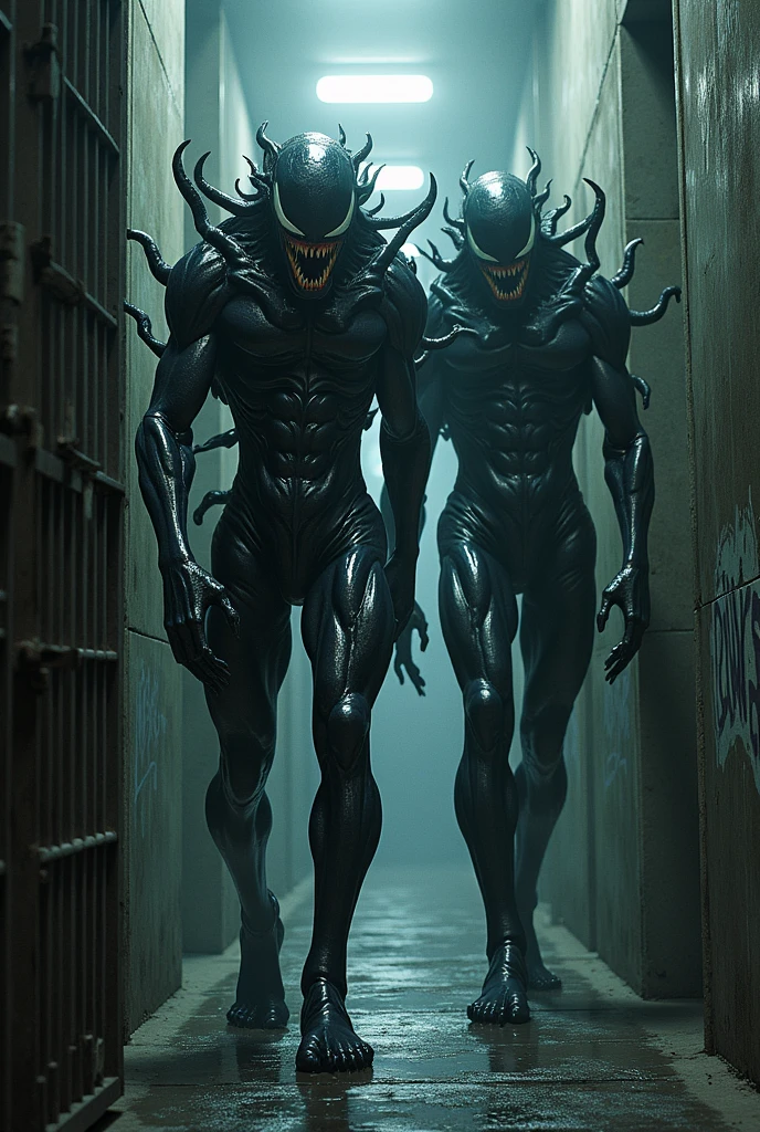 Venom and Jason、genetic research institute。There is a large glass cylinder used for scientific experiments。They are each contained in a cylinder。