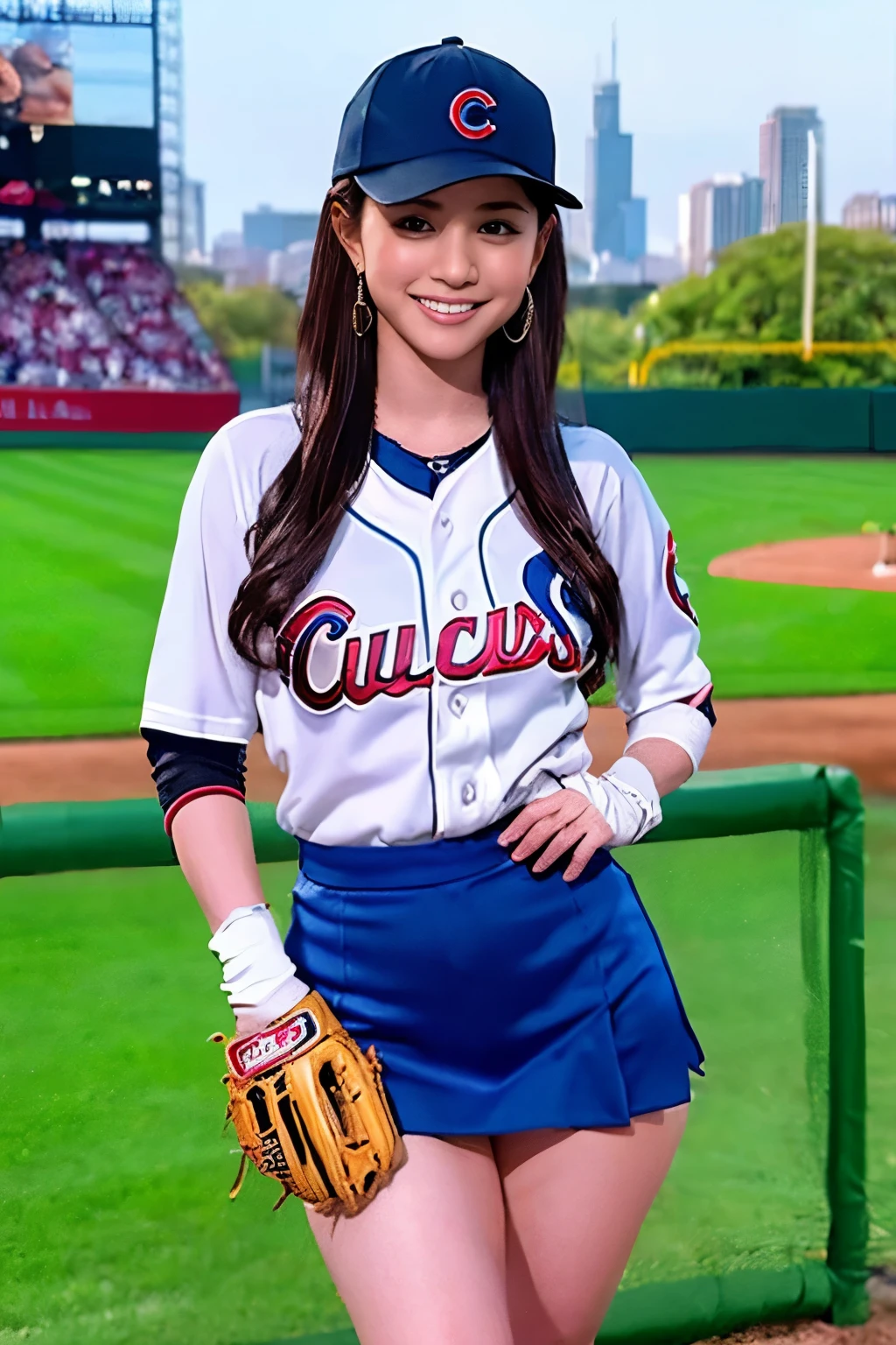 ((best quality)), ((masterpiece)), (detailed), 1girl,baseball player on baseball stadium,((clothed:1.1)),(Chicago Cubs uniform),sexy blue and white baseball uniforms,wearing blue baseball cap ,baseball mittens ,hold baseball bats,(pleated mini skirt )((huge breasts:2.0,see through:20,high leg micro pantie)),best smile,crossed arms,hold breasts,standing and style posing ,open legs,(beautiful pussy line),(Protruding pubic hair),