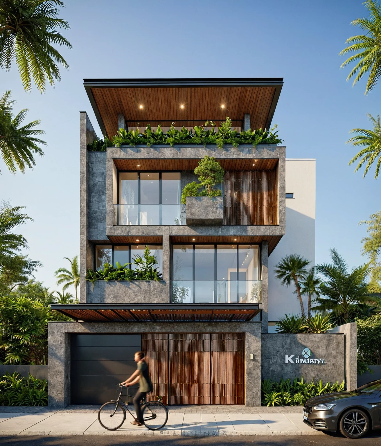 This image depicts a modern, multi-story townhouse with a sleek design that emphasizes verticality and incorporates natural elements like wood and greenery. 

**Key Features:**
- **Structure and Design:** Tall, narrow building with a dark gray facade for a minimalist look, complemented by warm wood paneling.
- **Greenery:** Each level features planters and balconies, creating a vertical garden that softens the building's appearance.
- **Entrance and Gate:** Ground floor includes a dark gray gate, a pedestrian door, and a pergola. The name "KH RUBY" is displayed, indicating the building's identity.
- **Windows and Balconies:** Large windows maximize natural light; balconies feature glass railings and wood slats for privacy.
- **Surroundings:** Located in an urban area with palm trees, trees, and nearby traffic, suggesting a tropical climate.
- **Branding:** The "PC Design" logo indicates the architectural firm responsible for the design.

**Overall Impression:** The townhouse design is modern and functional, effectively integrating biophilic elements to enhance urban living, with warm accents and strategic lighting for a welcoming atmosphere, Best Quality,Masterpiece, UHD, 4k, Stunning,Eye-catching,Sharp edge render, Award winner design in 2024, Photorealistic, High-Resolution, Detailed, Accurate, Vibrant, Dynamic Lighting, Textured, Perspective, Atmospheric, Contextual, Balanced Composition, Material Realism, Interactive, Immersive, Narrative, Minimalist