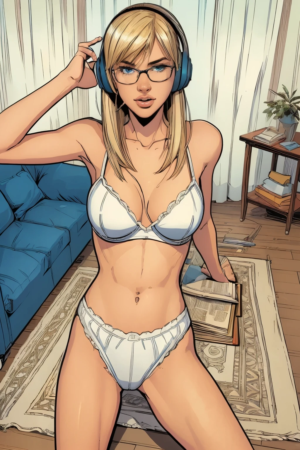 absurd quality.   natural lighting . hyperrealism.   fantastic comic book style illustration . 1 skinny girl, blonde hair with bangs ,   degree glasses  , headphones,  coming out of the shower , juvenile white lingerie  .  Lying on a carpet reading a comic. In a Young Woman's Room  . lush. carefree. depraved. With attitude  . seductive.