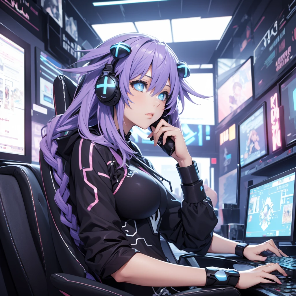 Beautiful girl playing video games with headphones in a bright room from the side, It only has one screen in front, Close plane of the head from the side