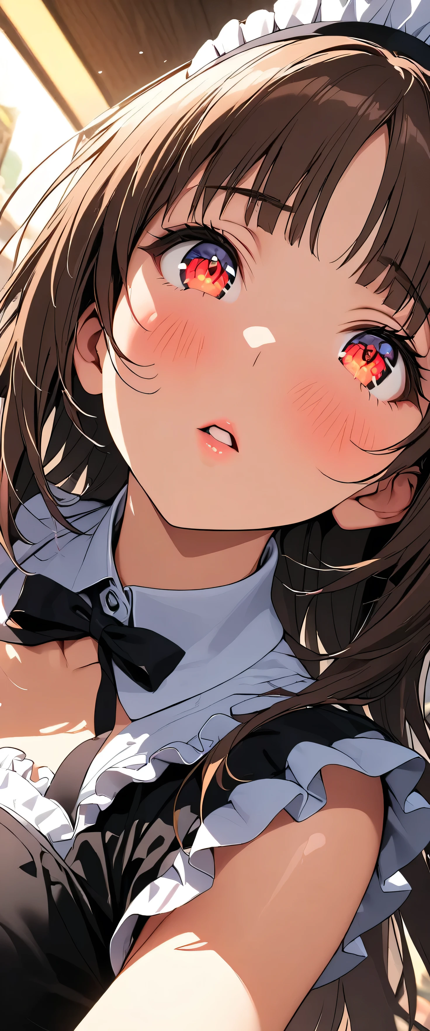 (beautiful girl:1.3),1girl,masterpiece,Highest quality,Ultra-high resolution,rich contrast,super high quality,8k,Highly detailed CG unit wallpaper,texture,Incredibly absurd,Ultra-high resolution,Highest quality anime,professional photograph,an extremely delicate and beautiful,RAW Photos,Depth of Field 1.2,ultra-detailed eyes,Glowing Skin,Beautiful glossy lips,Glitter effect,(Brown Hair, long hair),bashou \(Senran Kagura\),Maid Cafe,Maid uniform,,Embarrassing,blush,Leaning forward,Looking up,Tilt your head,(extreme close-up:2.0)