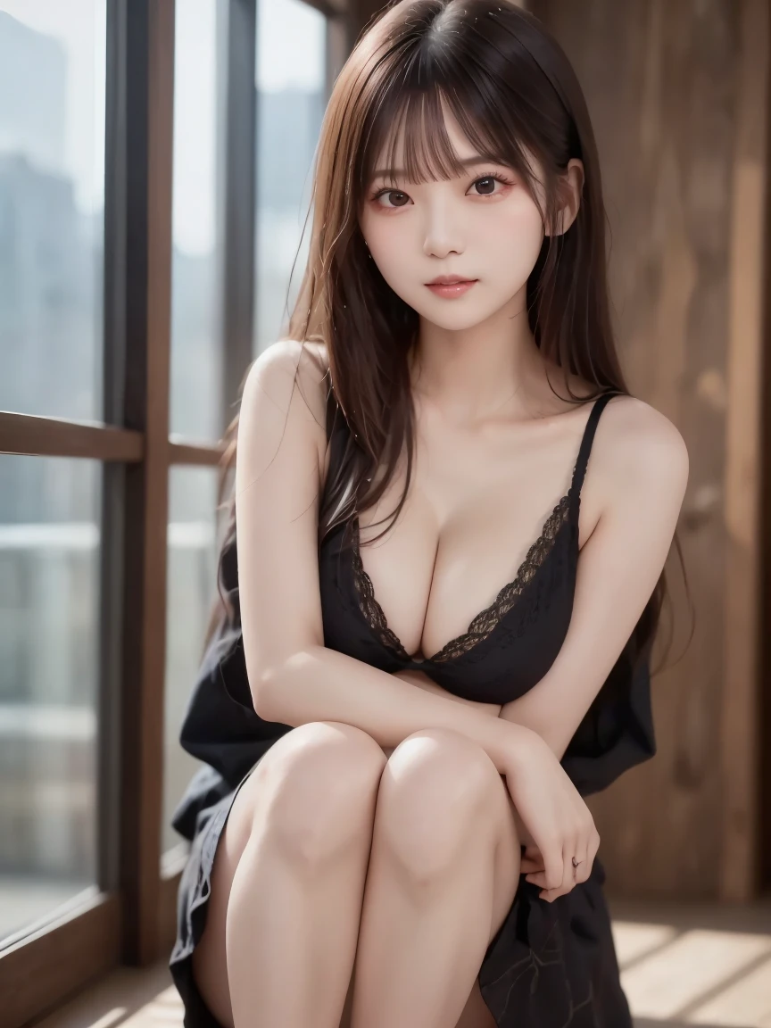  white shirt 、 complex and beautiful eyes、(床でhugging the knees : 1.5), woman、 womanらしい黒髪、(Long and beautiful legs : 1.5), (Mysterious One Piece : 1.6), skirt、(Delicate and realistic hair、１Realistic hair)、bangs、 natural colored lips、(smile : 1.1)、((White Indoor))、((18歳woman:1.2))、 young and adorable Japanese face wrapping a rope around their legs,  official art， very detailedなCGユニティ8Kの壁紙，（masterpiece:1.0),(Best Quality:1.0), 超 high resolution on down,4K, very detailed, photo shoot, 8k,  NFS W ,  high resolution on down,  Kodak Portrait 400 ,  film grain,  lens flare glow ,高いest quality,8k, NFS W :1.2),  Portrait Shot ,8k、 viewer, (((Front View))), (((Front View))), ((facing))、 body facing forward、Bold cleavage、 tight chest、 small face, Best Quality、 Super beautiful images、stand up