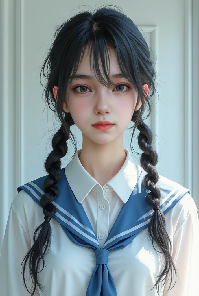 High school students、(((17 age)))、Full body like、Panchira、(((Small bust))) 、Hair is black、(((Twintail、plait)))、(((a sailor suit)))、((Ultra mini skirt))、Various expressions、(​masterpiece), (超A high resolution),、(very intricate), (Exquisitely detailed), (1/800s, ISO 100, Photorealsitic)、(top-quality、​masterpiece:1.2)、de pele branca、女の子1人、japanes、profetional lighting、Red Rouge