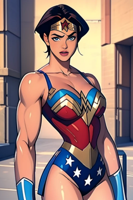 (High-definition CG), ( Best Quality ), (Overall view)  Cool and Handsome Face     ,  Beauty, 18 years old,      toned and muscular    ,   Cool and Handsome Face     で, SharpEye,     Wonder Woman costume 