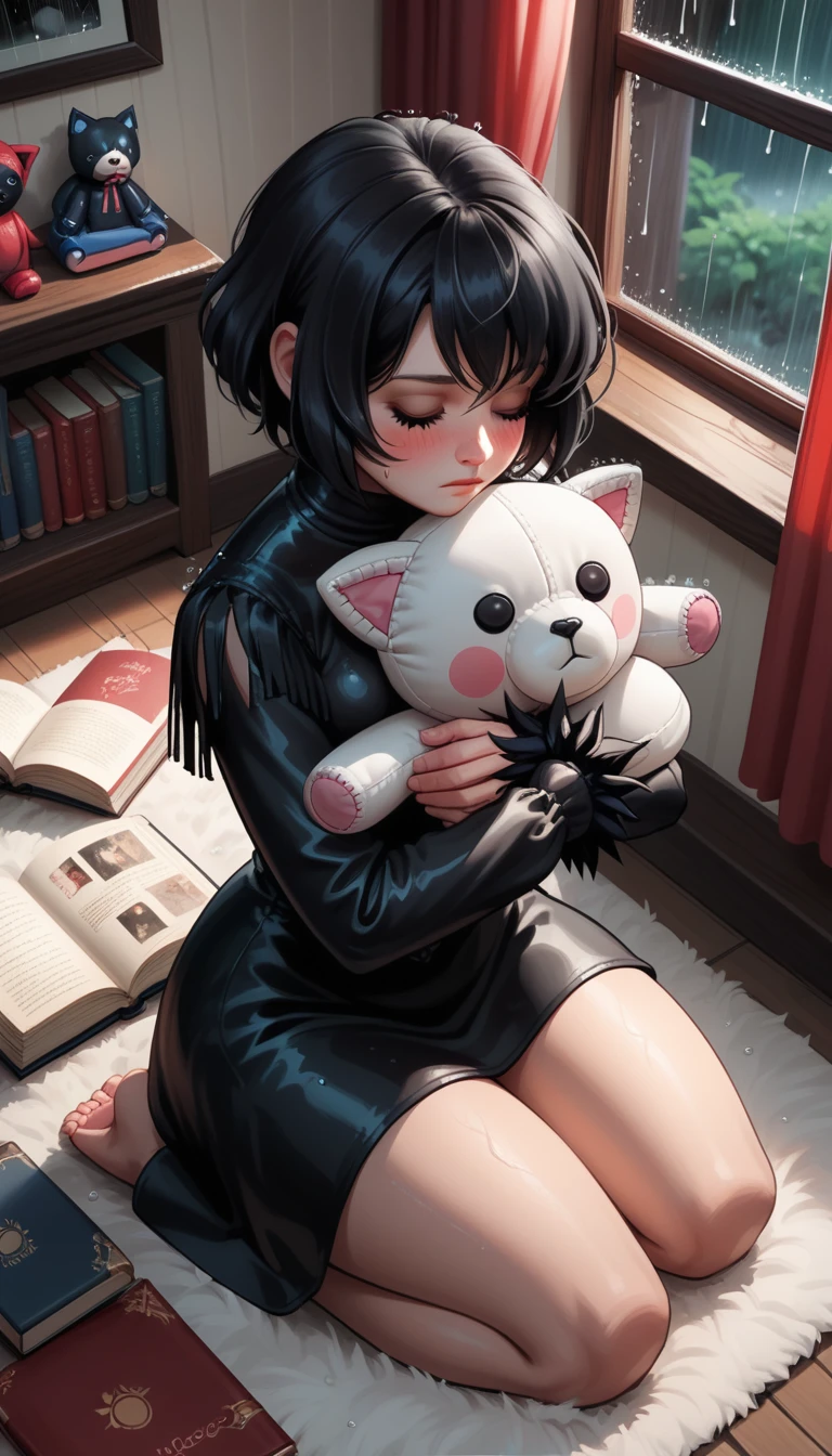 score_9,score_8_above,score_7_above,
Luzes LowKey_v2, 1 ,Alone, colored short hair (red and white)),  thick thighs , ,Blush,fringe, black hair ,long sleeves pink ,sitting,eyes closed,bare feet, inside the house ,book,window,Kneeling, plush toy, stuffed animal,curtains,rain,hug object ,black cat,stuffed black cat
 