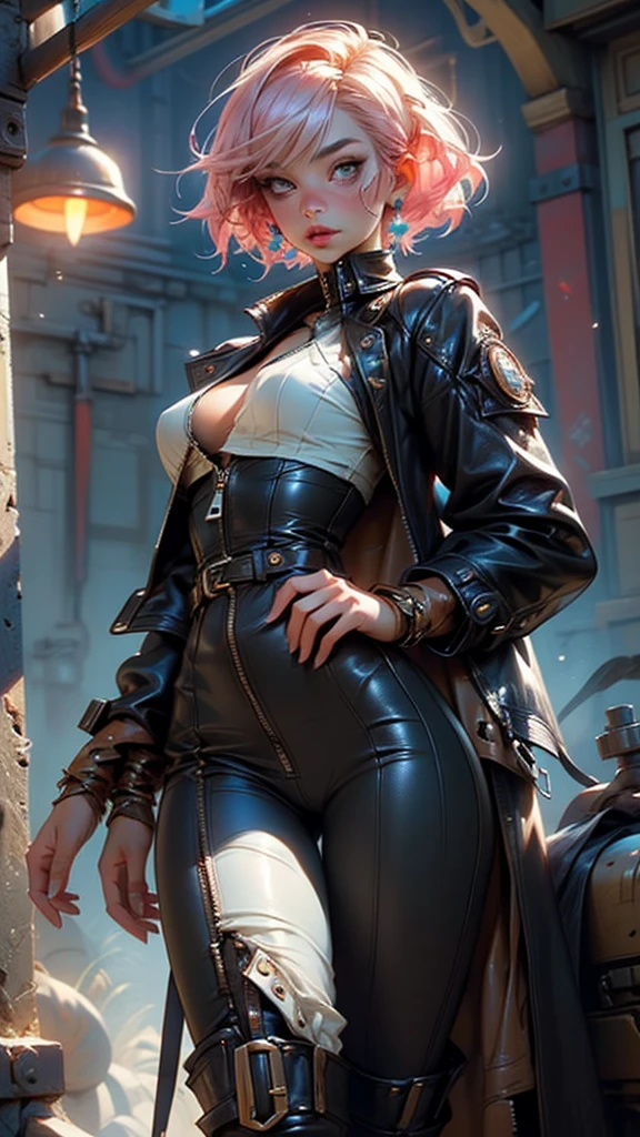 fantasy steampunk, a young attractive woman, brush cut, red hair, freckles, pale eyes, tan skin, smiley face, unbuttoned red doublet, circus background, she is an illusionist and mage, teenager, steampunk cowboy style in clothes, Western fantasy style