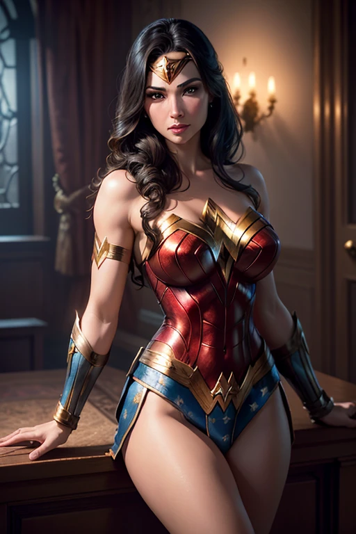 (masterpiece, best quality, highres, absurdres, detailed:1.2), Wonder Woman, (intricate details, makeup), (detailed beautiful delicate face, detailed beautiful delicate eyes, a face of perfect proportion), (Glossy skin: 1.0), fine detailed skin, strong and realistic blue eyes, realistic black hair, lip, makeup, natural skin texture, tiara, red and gold bustier, blue leotard with white stars, silver bracelets, (Red knee high boots:1.2), golden belt, (Wonder Woman clothing:1.0), bare shoulder, ((light tan skin: 1.4)), mature, Sexy, elastic muscles, (muscular: 1.2), ((strong and healthy body)), ((((the more) muscular))), Long leg, curved, (Big breasts: 1.3), rib, thin waists, soft waist, (fine detailed skin), (beautiful and sexy woman), (swollen lips: 0.9), (eyelash: 1.2), very delicate muscles, perfect body figure, perfect anatomy, perfect details, perfect fingers, perfect limbs, (The Perfect Hand: 1), looking away, (modern, art canvas, paint brush, easel, iridescent, holographic: 1.6), (flames, fire, smoke, overheat, explosion, indoors, room, simple background)