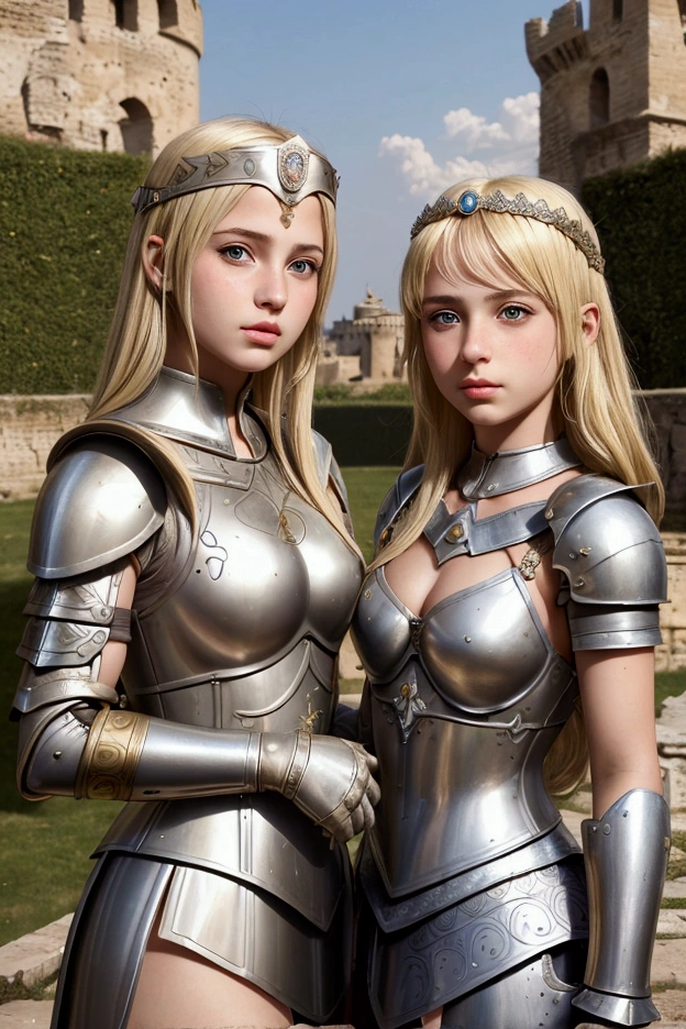 two italy sisters break: woman, 16 years old, roman warrior, queens blades, blonde, detailed face, curvy, background in roman empire break: teen girl, roman warrior, princess blade , 14 years old, teenager girl, small breasts, mini cropped, valkyrian princess ,blonde, detailed face, beautiful, confiant, background in roman empire
