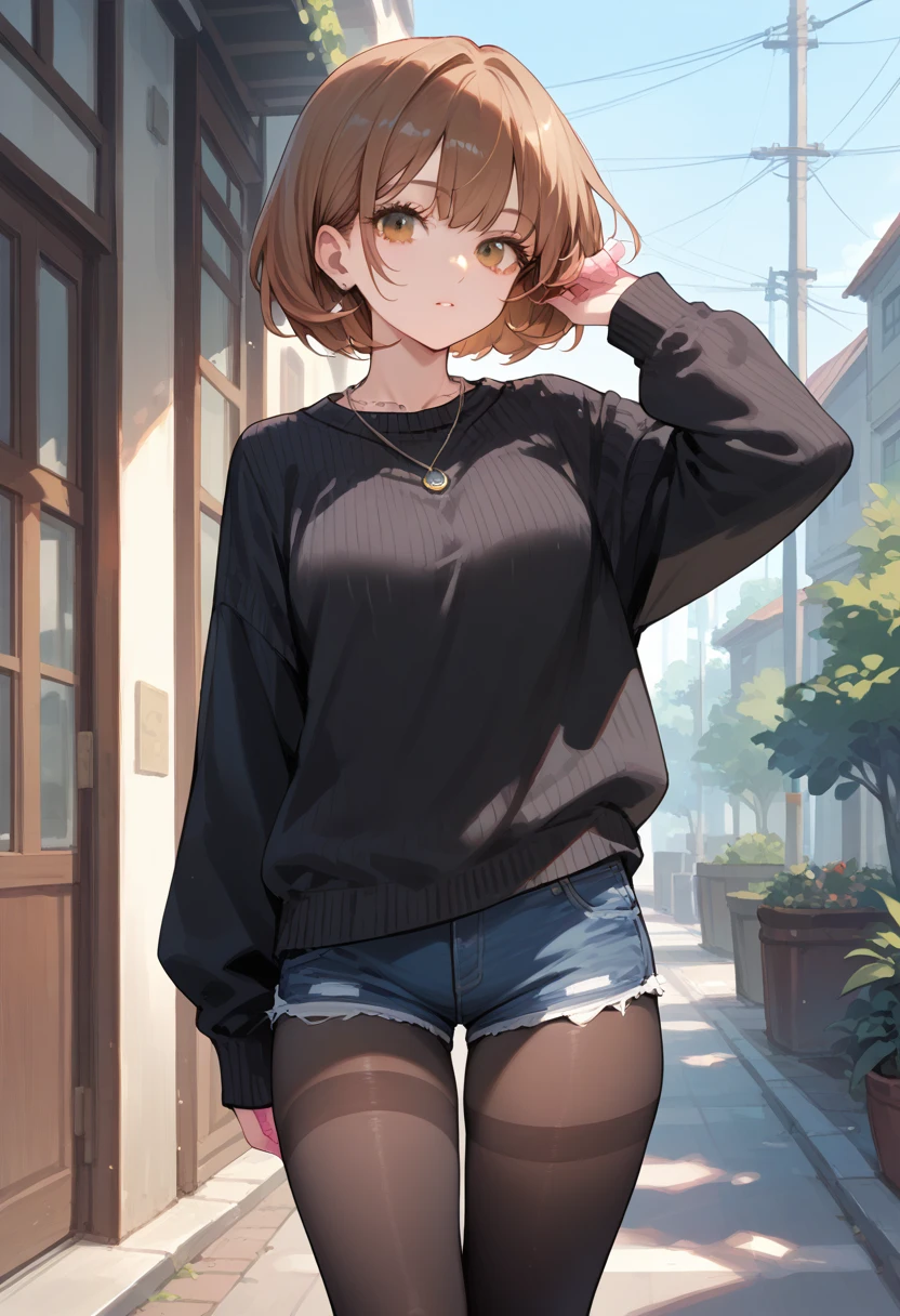 bianca , 1girl, solo, short hair, brown hair, brown eyes, bangs, eyelashes , pantyhose, shorts, black sweater, sweater, short shorts, thighband pantyhose, necklace, black pantyhose, pink nails, long sleeves, denim shorts