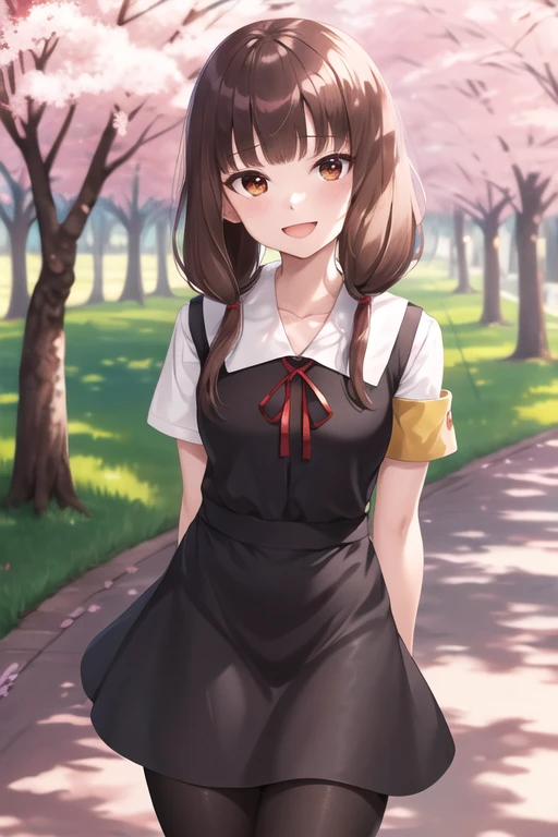 masterpiece, best quality, highres, aamiko, long hair, low twintails, blunt bangs, collarbone, neck ribbon, red ribbon, pinafore dress, short sleeves, armband, black pantyhose, cherry blossoms, outdoors, standing, leaning forward, arms behind back, smile, open mouth,