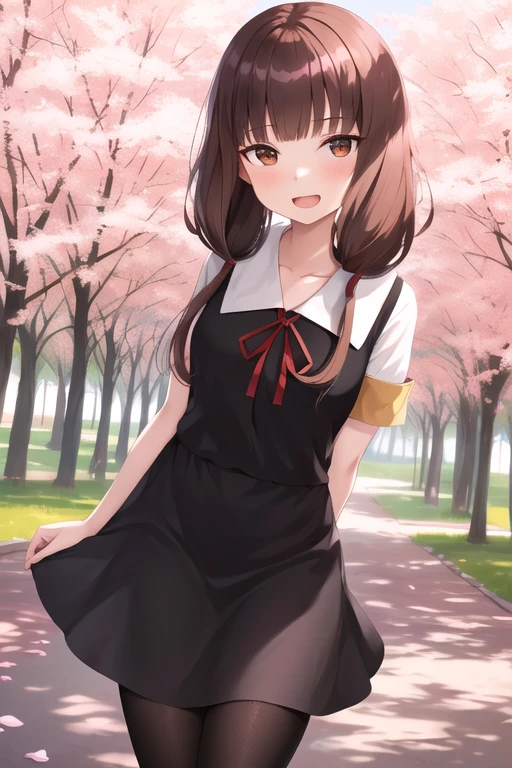 masterpiece, best quality, highres, aamiko, long hair, low twintails, blunt bangs, collarbone, neck ribbon, red ribbon, pinafore dress, short sleeves, armband, black pantyhose, cherry blossoms, outdoors, standing, leaning forward, arms behind back, smile, open mouth,