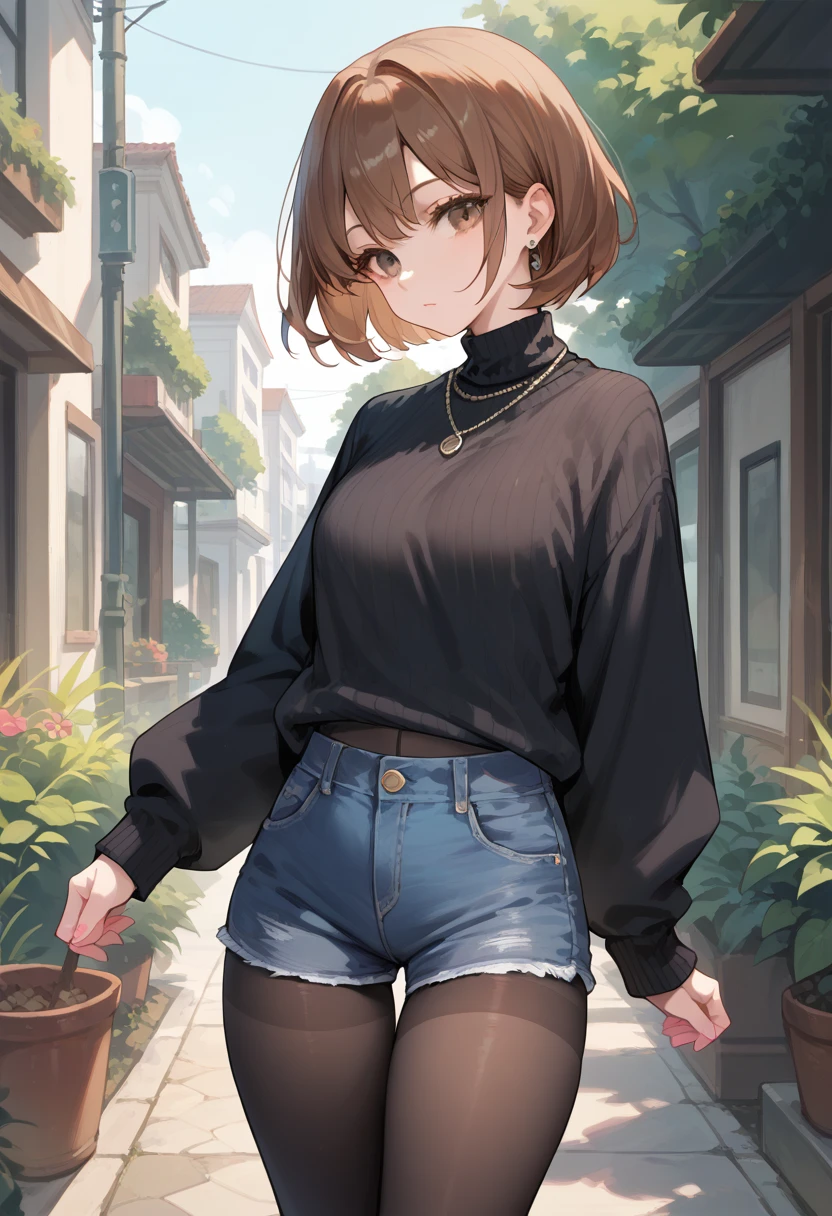 bianca , 1girl, solo, short hair, brown hair, brown eyes, bangs, eyelashes , pantyhose, shorts, black sweater, sweater, short shorts, thighband pantyhose, necklace, black pantyhose, pink nails, long sleeves, denim shorts