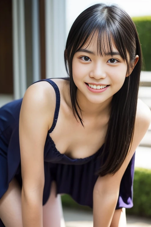  Best Quality Masterpiece , 8k, 14-year-old Japanese girl ,  RAW photos from the last century,  Winner portrait smile 顔, smile, Alone, Nipples and genitals are visible， legs open,There is no hair growing on the genitals , violet, Gardenia,  delicate girl,   long black hair  , Dark Eyes, Frank, Sophisticated