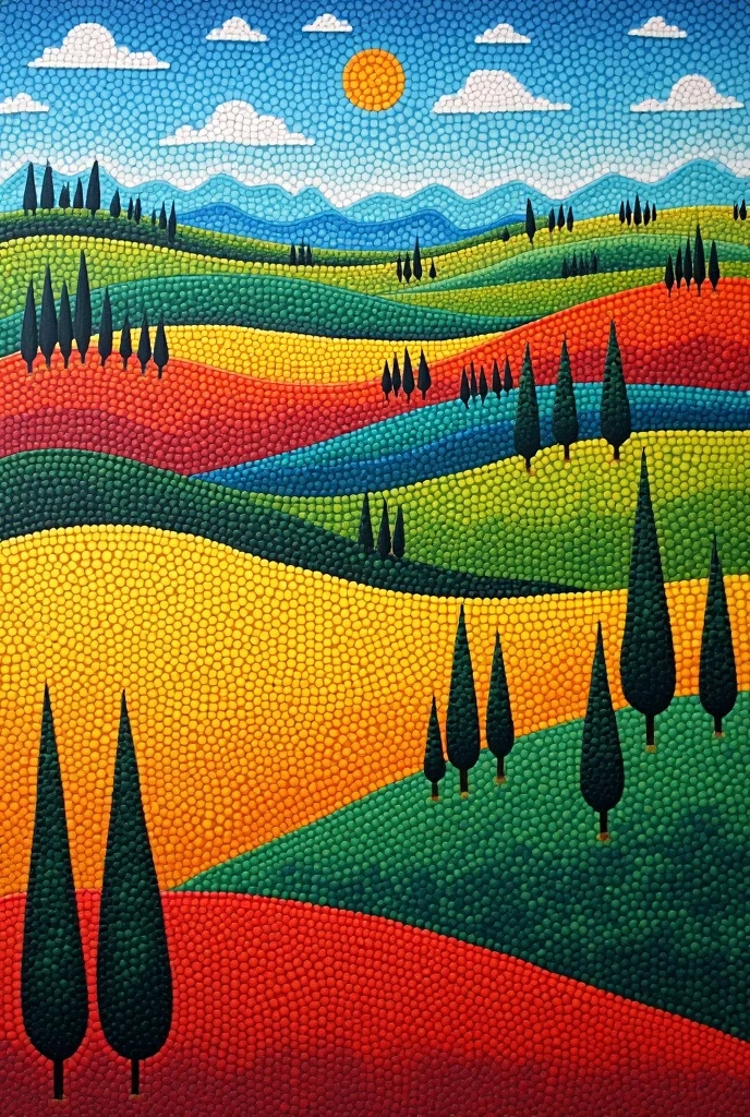   A painting depicting a colorful landscape with hills and trees,  a dot painting by Rudolph Escalera  ,  instagram , Simple Art, Landscape Art,  color field painting ,  Detailed Scenery , felucia landscape, Colorful Scenery , Fields, farmland, detailed Fields nature, Tuscany Hills, Bird&#39;s eye view, Landscape photos, piece together, patches of green Fields, Painted Landscape