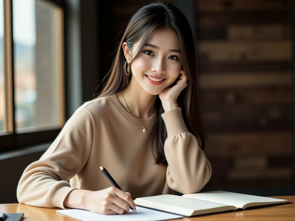 High image quality (8k image quality), high definition, outstanding work, appropriate subject depth, appropriate focus, Leica camera quality, RAW image quality, realistic、A woman studying at her desk、Detailed pupils, detailed lips, perfect hand, perfect finger、Perfect nails, detailed hands, detailed fingers, detailed nails,FLUX,east asian woman,
asian woman