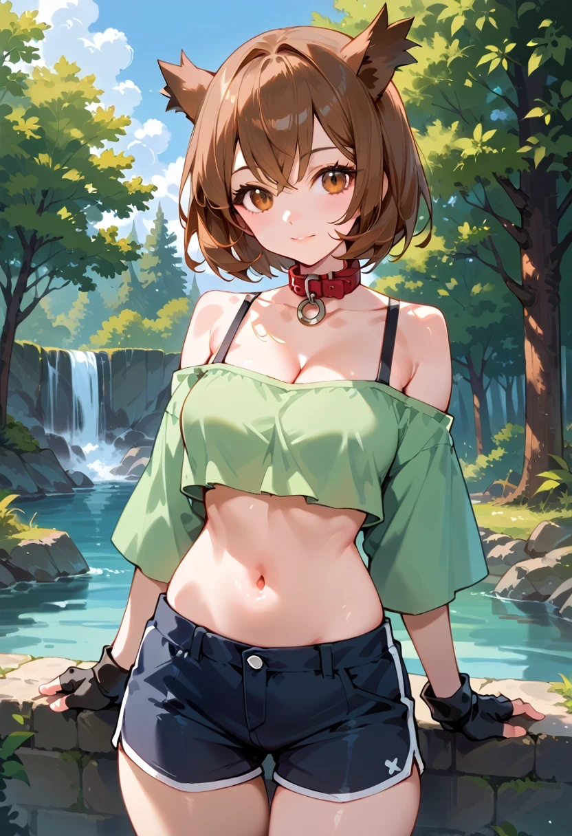 bianca , 1girl, solo, short hair, brown hair, brown eyes, bangs, eyelashes , off-shoulder shirt, shorts, crop top, shirt, collar, black shorts, short shorts, midriff, cleavage, stomach, off shoulder, snout, fingerless gloves, gloves