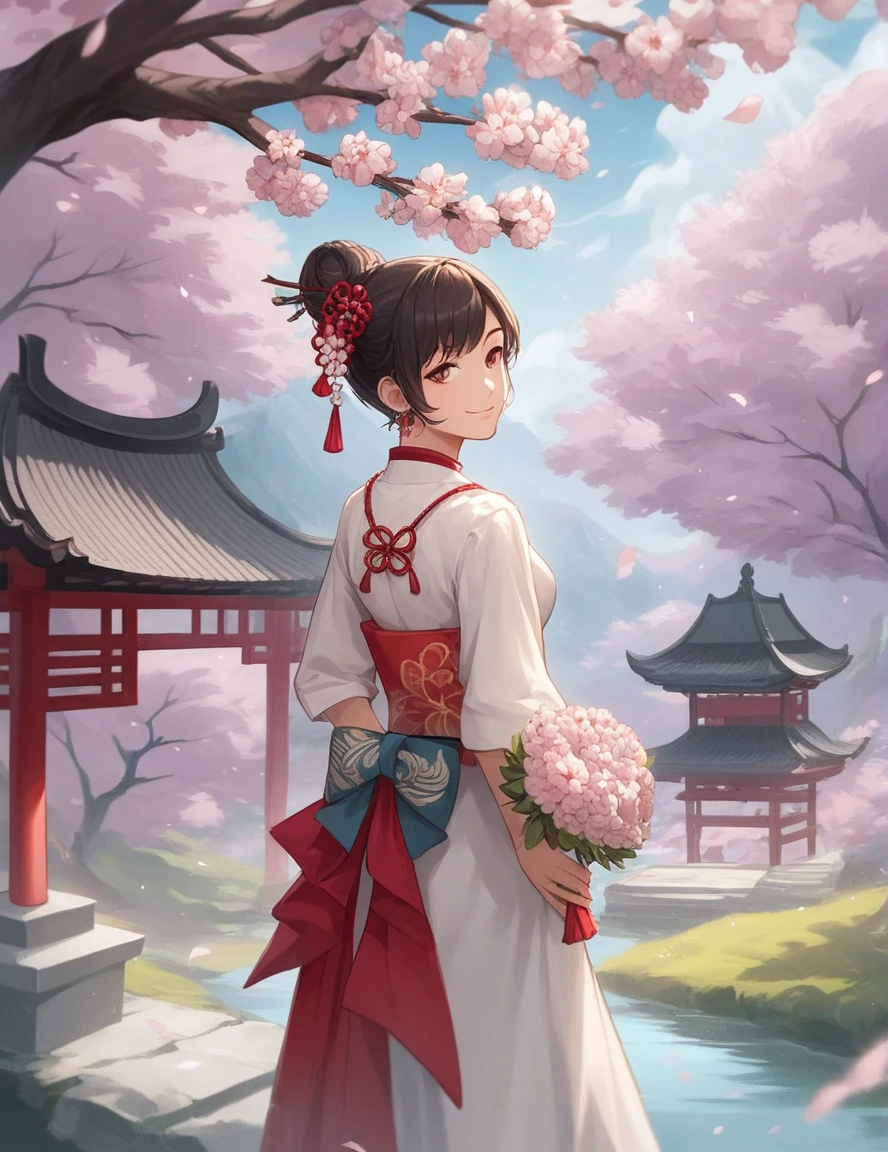 score_9, score_8_up, score_7_up, 
rating_safe,source_anime,
y4ngy4ng, official_costume, bouquet, branch,  spring \(season\), looking at viewer, hands on back, detailed background,
seductive smile,
trees, cherry blossoms,
east asian architecture,
