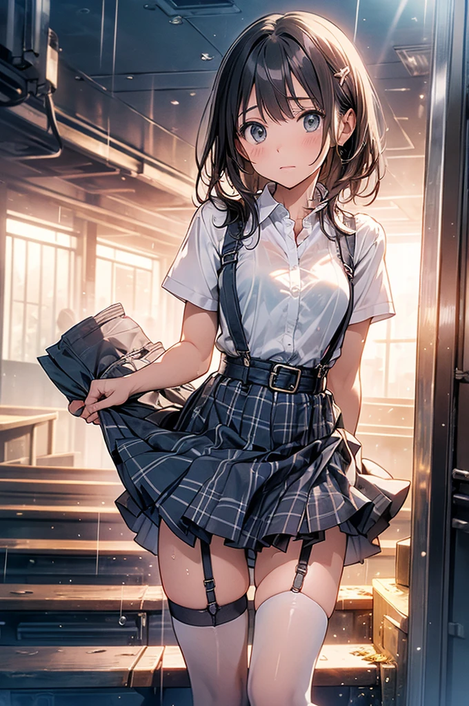 1 female, , high quality, masterpiece, Ultra-high resolution, Cinema Lighting, 1 female, , high quality, masterpiece, Ultra-high resolution, , Cinema Lighting, suspenders Moderate breasts Small face Looking up Sweat Thin belt buzzer 脇Sweat garter belt Belt on pants holster Hands behind your back Looking up Anxious face Knee-high Knee socks Knee-highソックス garter ふとももにgarter belt Checkered mini skirt Panty shot Skirt gap Armament holster holster Hands behind your back Anxious expression Anxious face, legs apart Armament Leg Holster holster See-through clothing heavy rain Rain-soaked dress shirt,Moderate breasts ガーターbelt suspenders Garter on the thigh Checkered mini skirt Looking up Pause belt Armpit sweat Hands behind back Raise your hands